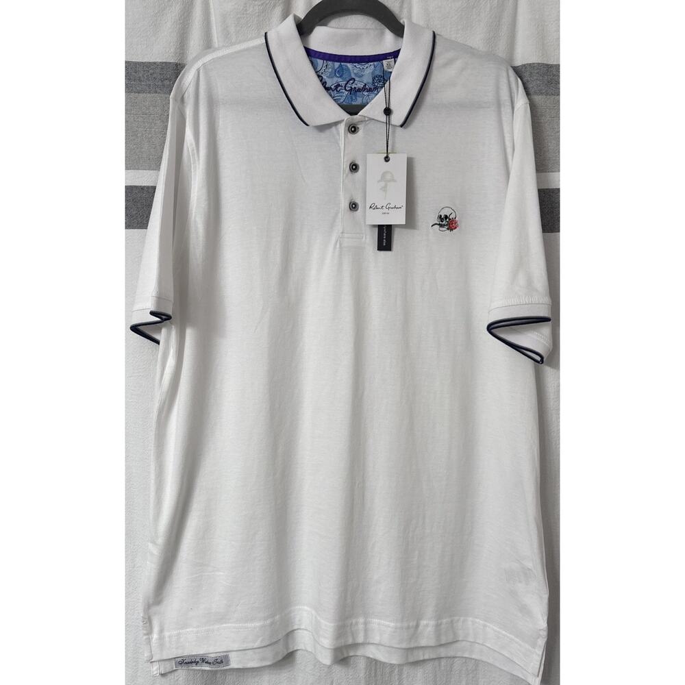 NWT Robert Graham Embroidered Colorful Skull Solid White Polo Shirt Mens XL